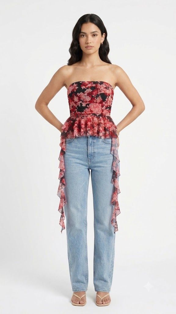 Cascade Ruffle Strapless Blouse
